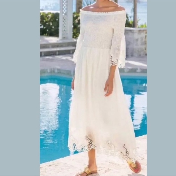 Soft Surroundings | White Smocked Embroidered Linen Dress Sz 2X - Picture 1 of 13